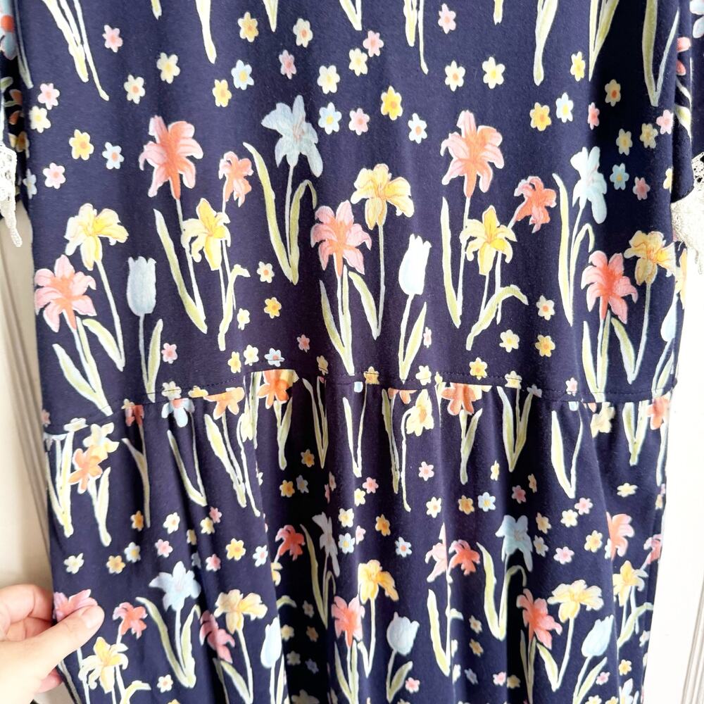 VTG Talbots Floral Maxi Dress Lace Sleeve Detail Tulip Print Navy Short Sleeve L - Picture 10 of 16